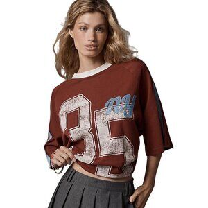NWOT Anthropologie Burgundy Oversized Sporty Tee NY 35 Lace Trim - Small